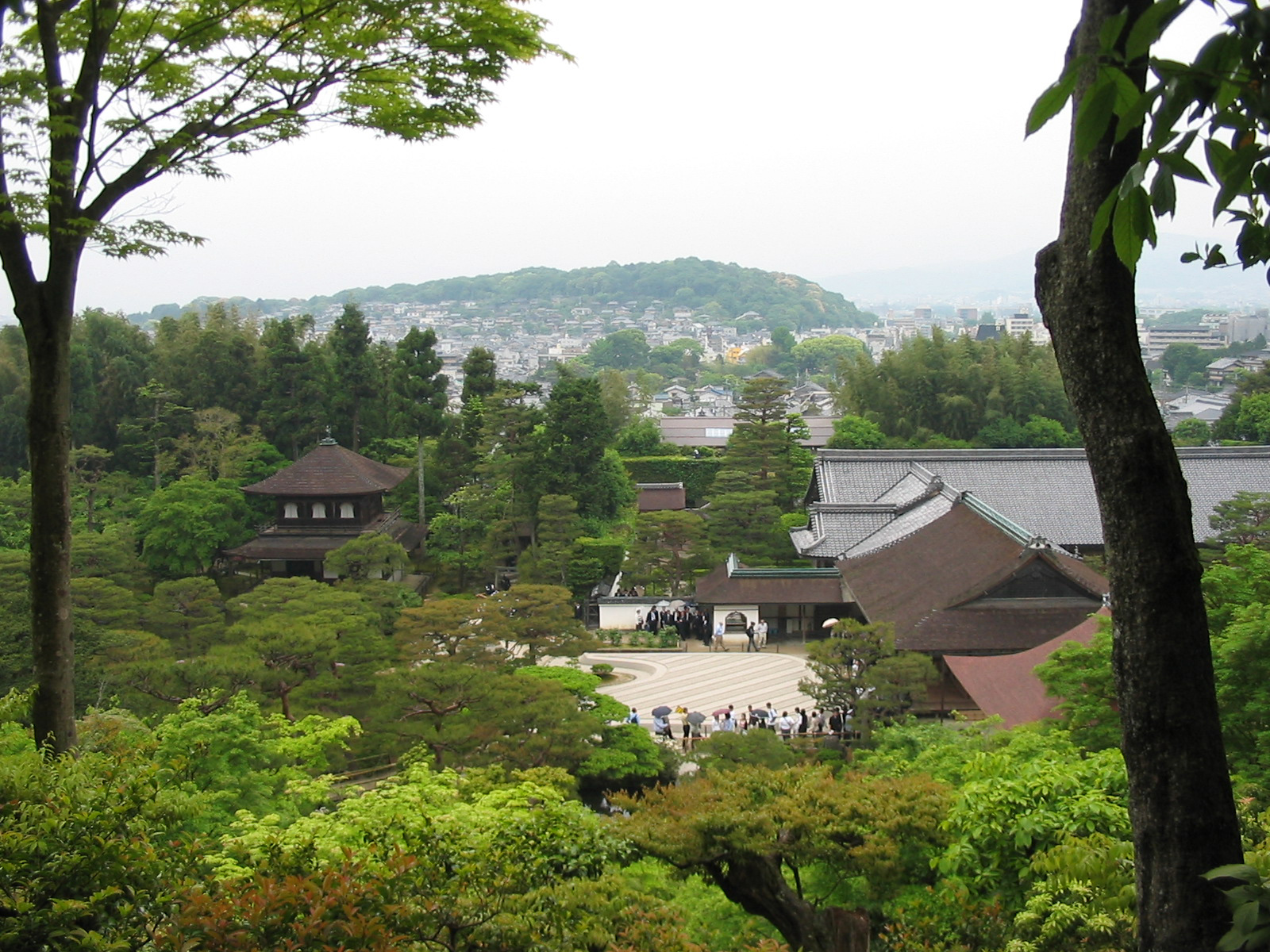 view of temple from above with sand garden in the background