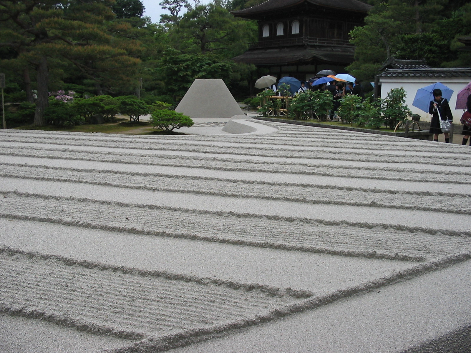 manicured sand for zen garden with people walking in rain with umbrellas