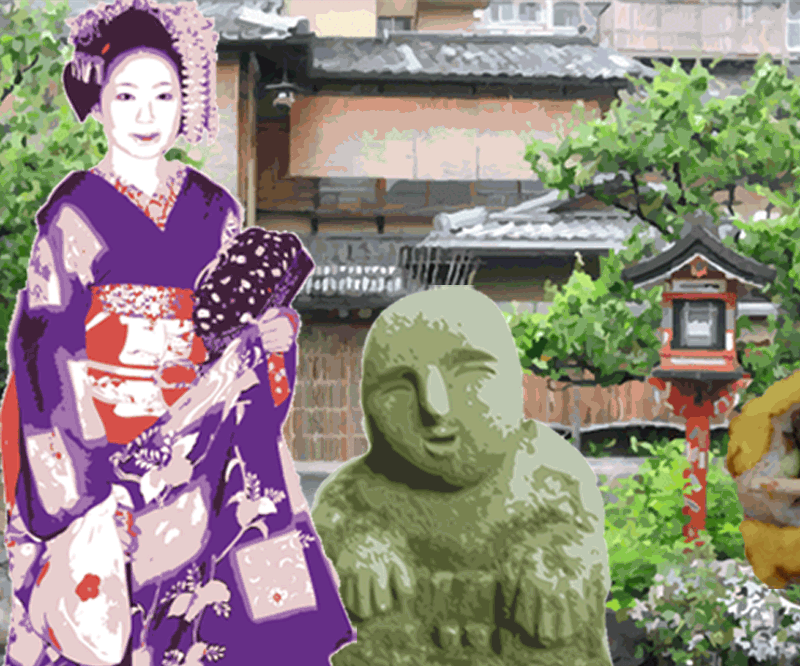 village with cherry blossoms in the background. statue of old man with dancing red doll in the foreground