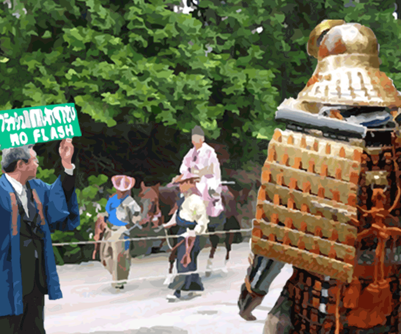 man in samurai costume in foreground with man holding up sign about no flash photography and a man riding a horse